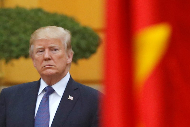 U.S. President Donald Trump attends the welcoming ceremony at the Presidential Palace in Hanoi