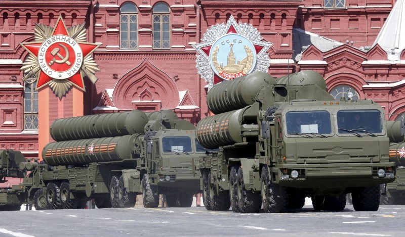 Russian S-400 air defence mobile missile launching systems drive during a rehearsal for the Victory Day parade in Red Square in central Moscow