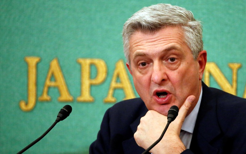 UNHCR Grandi attends a news conference at the Japan National Press Club in Tokyo