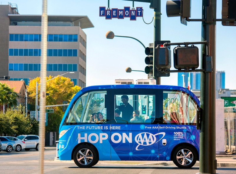 Handout photo of the first public self-driving shuttle, launched as a pilot project sponsored by AAA and Keolis is shown in downtown Las Vegas