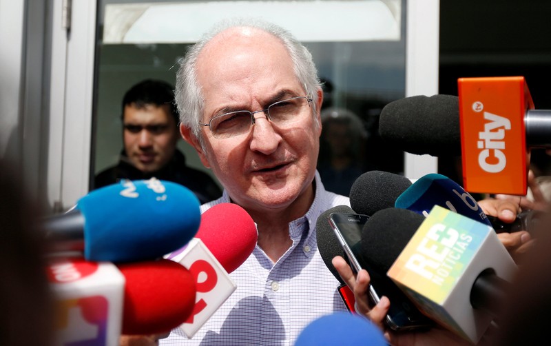 Antonio Ledezma, Venezuelan opposition leader, gives statements to the press during his arrival in Bogota