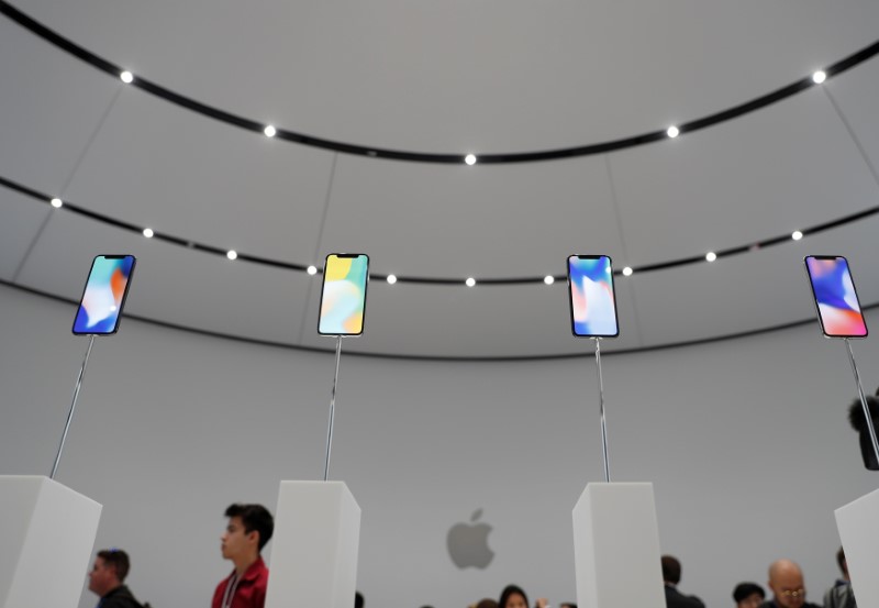 Apple iPhone X samples are displayed during a product launch event in Cupertino