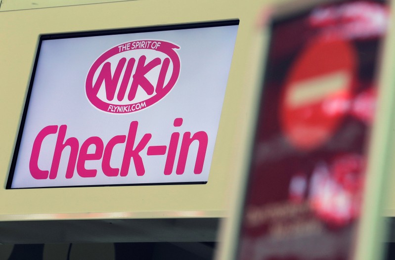 Empty Niki check-in counters are seen at Vienna International Airport in Schwechat