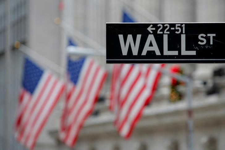 FILE PHOTO - A street sign for Wall Street is seen outside the New York Stock Exchange in Manhattan, New York City