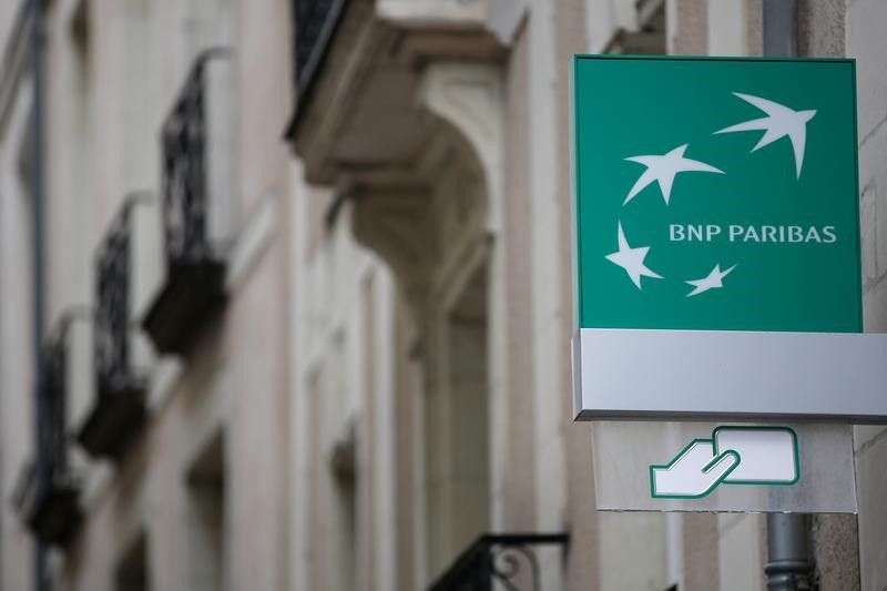 The logo of BNP Paribas bank is pictured on an office building in Nantes