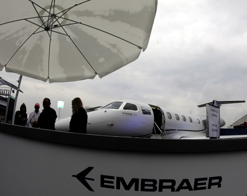 The Embraer Phenom 300 is displayed during the Latin American Business Aviation Conference & Exhibition fair (LABACE) at Congonhas airport in Sao Paulo