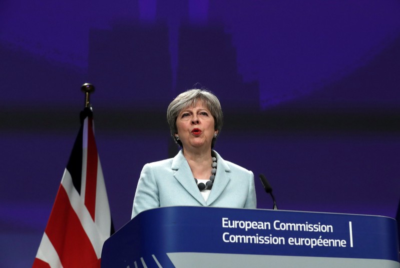 Britain's Prime Minister Theresa May speaks at a news conference at the EC headquarters in Brussels