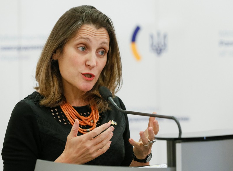 FILE PHOTO: Canada's Foreign Minister Chrystia Freeland attends a news briefing in Kiev