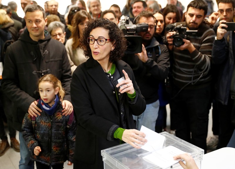 Republican Left of Catalonia (ERC) General Secretary Marta Rovira votes in Catalonia's regional elections at a polling station in Vic