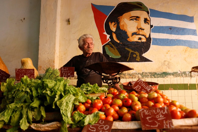 A man waits for clients at private vegetable market in Havana