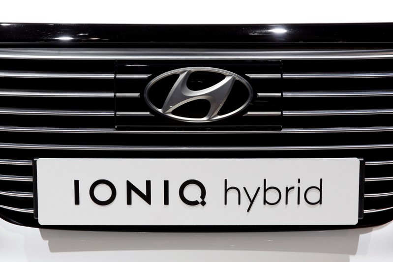 FILE PHOTO: The Hyundai Ioniq hybrid car is displayed on media day at the Paris auto show, in Paris