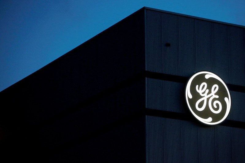 FILE PHOTO - The General Electric logo is pictured on the General Electric offshore wind turbine plant in Montoir-de-Bretagne