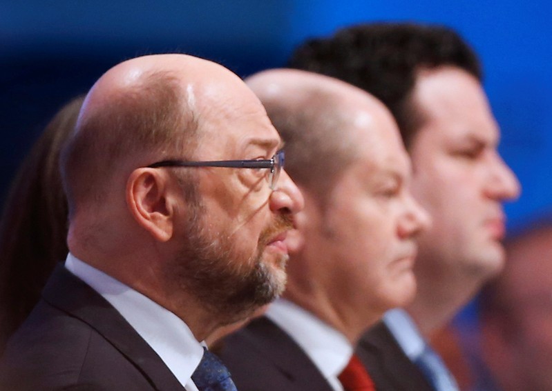 Social Democratic Party (SPD) leader Martin Schulz looks on at an SPD party convention in Berlin