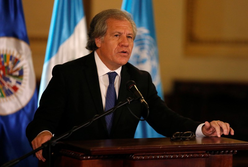 OAS Secretary General Luis Almagro delivers a speech during a meeting with Guatemala's President Jimmy Morales (not pictured) at the National Palace in Guatemala City