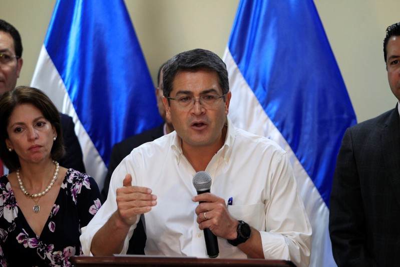 Honduras President and National Party candidate Hernandez addresses the media in Tegucigalpa