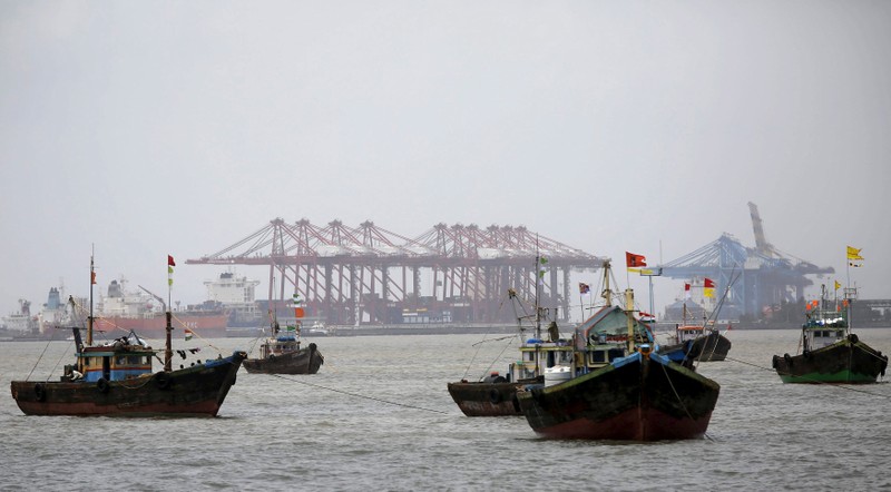 FILE PHOTO: Fishing trawlers are seen in front of JNPT in Mumbai