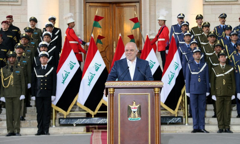 Iraqi Prime Minister Haider al-Abadi delivers a speech in Baghdad