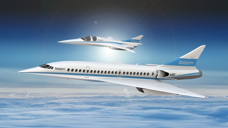 An artist's impression shows Boom's 55-seat supersonic aircraft and Boom's XB-1 supersonic demonstrator in this undated handout obtained by Reuters