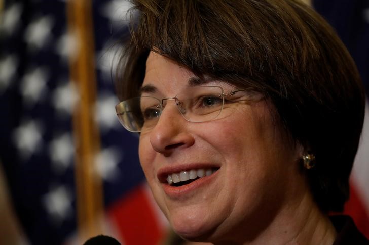 FILE PHOTO - Sen. Amy Klobuchar speaks at a news conference to unveil congressional Democrat's 