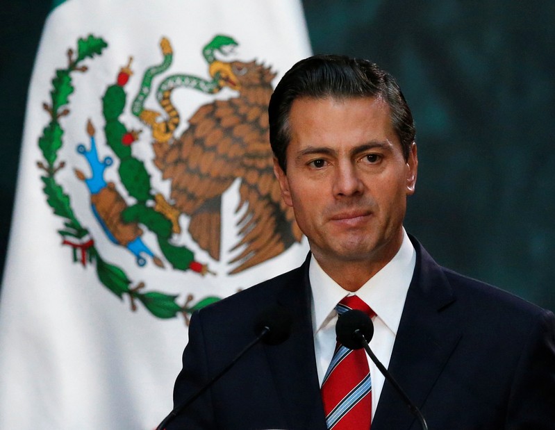 Mexico's President Enrique Pena Nieto gives a speech to the media at the National Palace in Mexico City