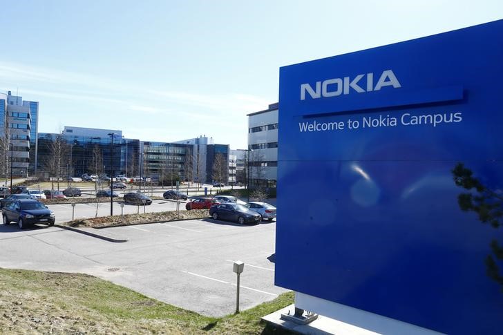 A Nokia sign is seen at the company's headquarters in Espoo