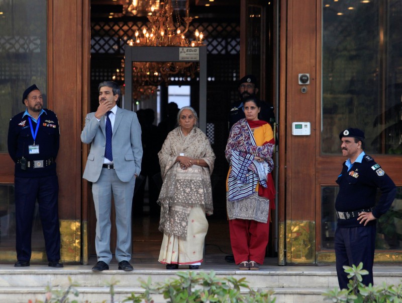 Former Indian navy officer Kulbhushan Sudhir Jadhav's mother, Avanti, and wife, Chetankul, arrive to meet him at Ministry of Foreign Affairs in Islamabad