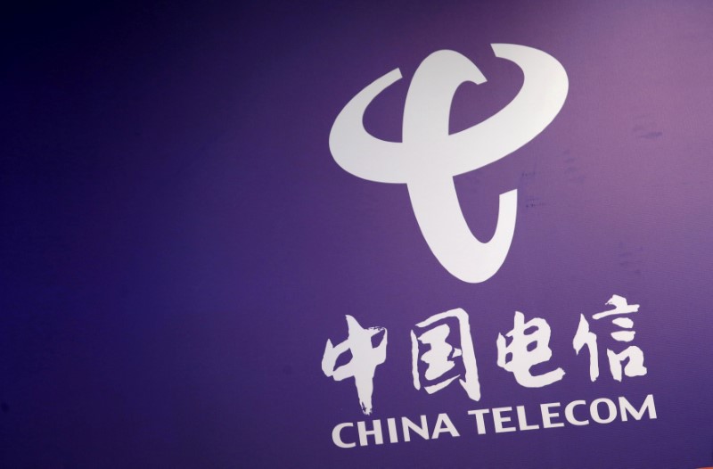 FILE PHOTO: The company logo of China Telecom is displayed at a news conference on the company's annual results in Hong Kong