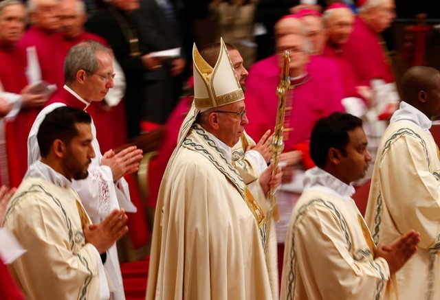 Pope Francis arrives to lead the First Vespers and Te Deum prayer in Saint Peter's Basilica at the Vatican