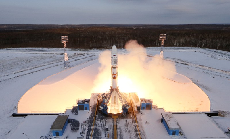The Souyz-2 spacecraft with Meteor-M satellite and 18 additional small satellites launches from Russia's new Vostochny cosmodrome, near the town of Tsiolkovsky in Amur region