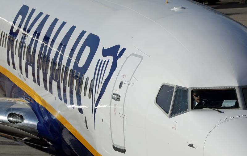 A Ryanair commercial passenger jet is seen at Barcelona El-Prat Airport