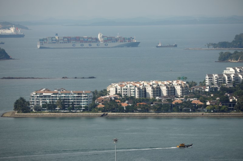 A container ship passes the Sentosa Cove luxury apartment enclave in Singapore