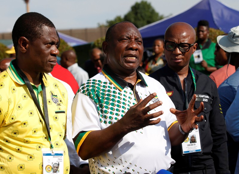 President of the African National Congress (ANC) Cyril Ramaphosa with Paul Mashatile and spokesman Zizi Kodwa address the media at the Nasrec Expo Centre, where the 54th National Conference of the ruling party is taking place in Johannesburg