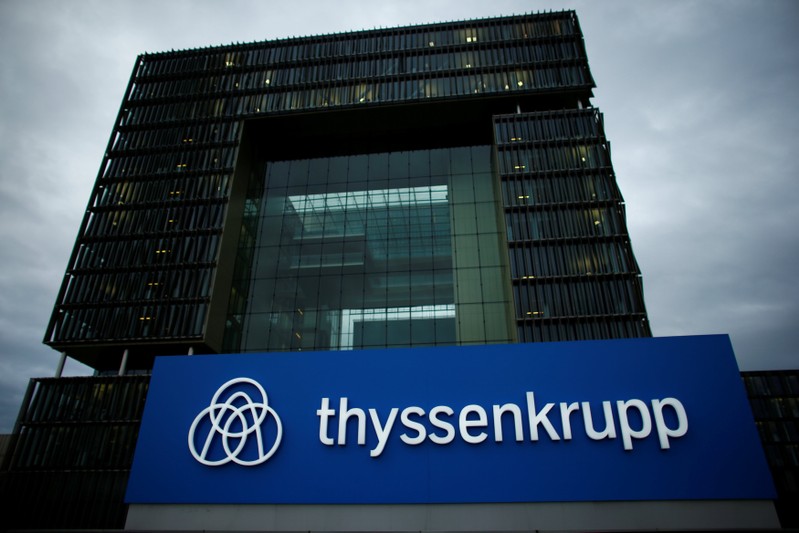 A logo of ThyssenKrupp AG is pictured outside their headquarters in Essen