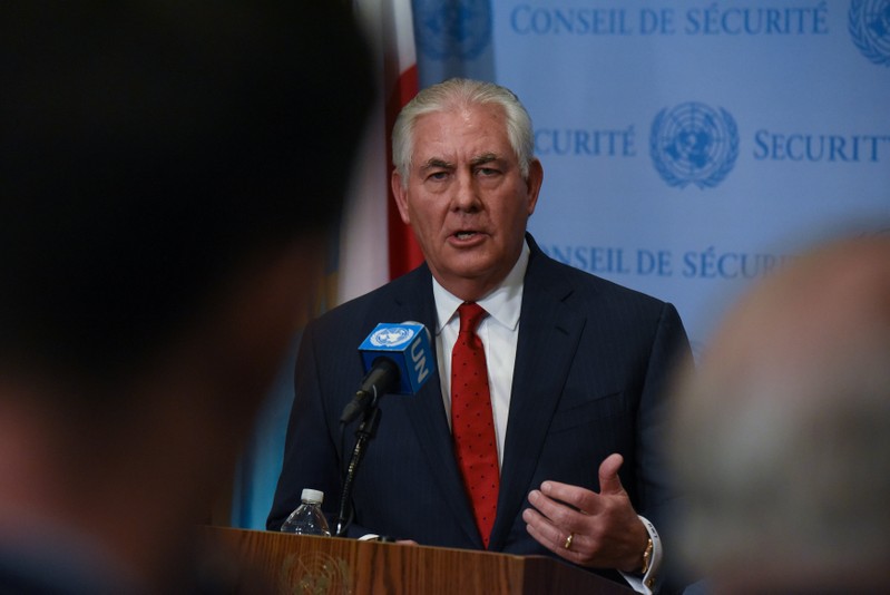 U.S. Secretary of State Rex Tillerson delivers remarks to members of the press after a meeting about North Korea's nuclear program at the United Nations headquarters in New York City