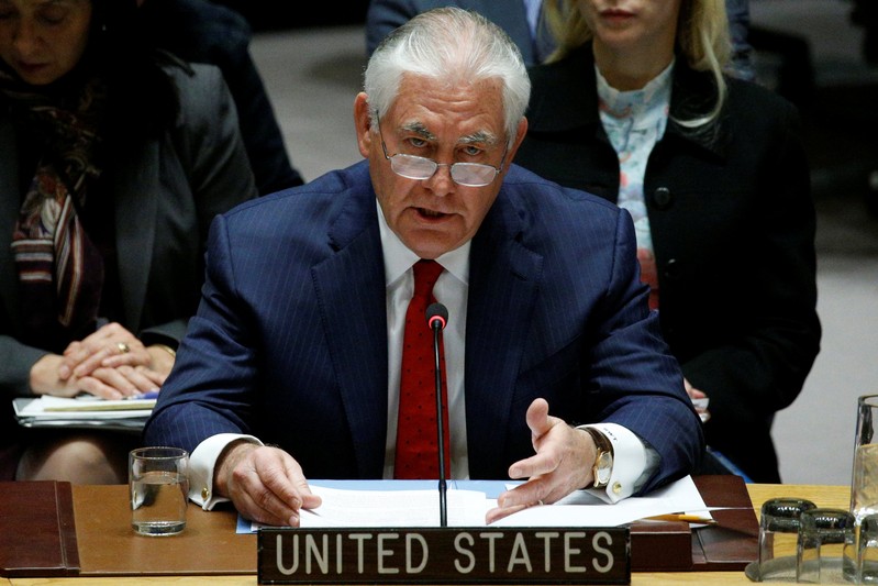 U.S. Secretary of State Rex Tillerson speaks during a United Nations Security Council meeting, to discuss a North Korean missile program, at the United Nations headquarters in New York