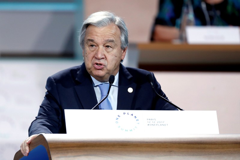 United Nations (UN) Secretary General Antonio Guterres attends the Plenary Session of the One Planet Summit at the Seine Musicale venue in Boulogne-Billancourt