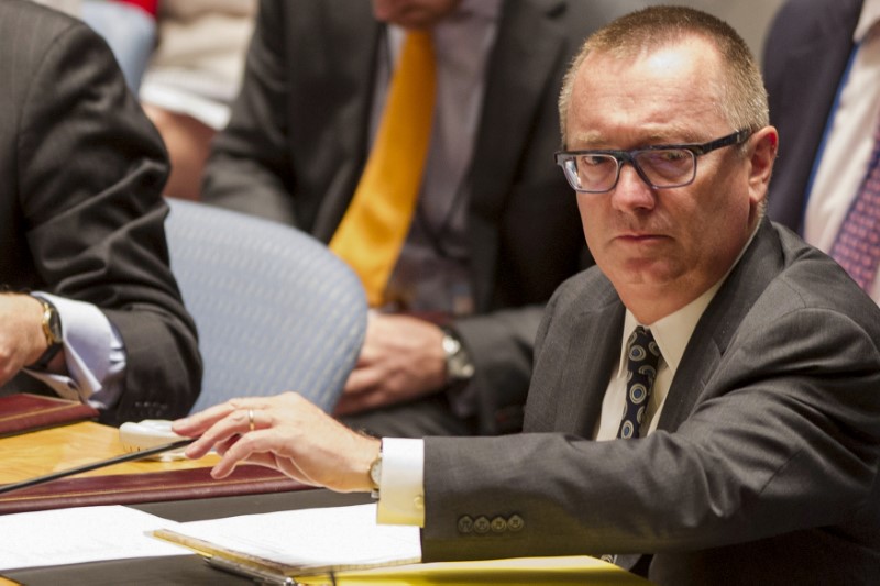 U.N. political affairs chief Feltman prepares to read a letter from the permanent representative of Ukraine to the U.N. Security Council at U.N. Headquarters in New York
