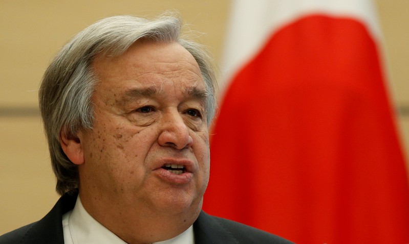 U.N. Secretary-General Guterres attends a joint news conference with Japan's PM Abe at Abe's official residence in Tokyo,