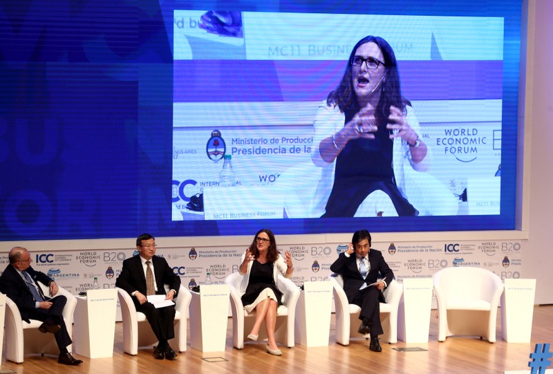 EU Commissioner for Trade Malmstrom speaks next to China's Vice Minister of Commerce Wang Shouwen, Argentina's FM Faurie and Japan's Vice Minister of International Affairs, METI, Yanase in Buenos Aires