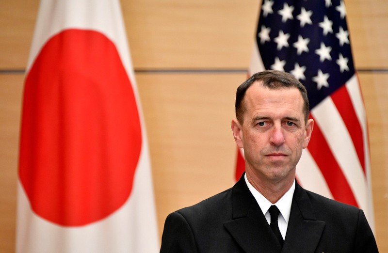 Admiral John Richardson, Chief of U.S. Naval Operations, waits for Japan's Prime Minister Shinzo Abe before their meeting at the Prime Minister's official residence in Tokyo