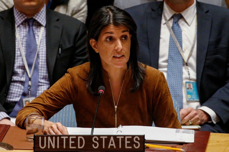 U.S. Ambassador to the United Nations Nikki Haley speaks for a bid to renew an international inquiry into chemical weapons attacks in Syria, during a meeting of the U.N. Security Council at the United Nations headquarters in New York