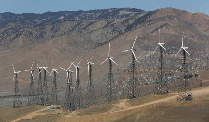 A wind farm, part of the Tehachapi Pass Wind Farm, is pictured in Tehachapi