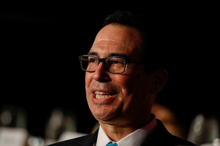 FILE PHOTO - U.S. Treasury Secretary Steven Mnuchin speaks during a moderated discussion before the Economic Club of New York, in New York City