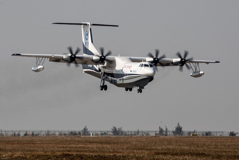 China's domestically developed AG600, the world's largest amphibious aircraft, is seen during its maiden flight in Zhuhai