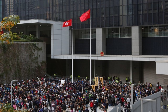 Pro-democracy protesters gather inside civic square at the government headquarters in Hong Kong