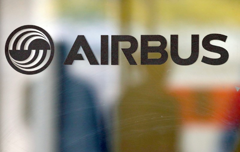 The logo of Airbus is pictured at the company's headquarters in Colomiers near Toulouse