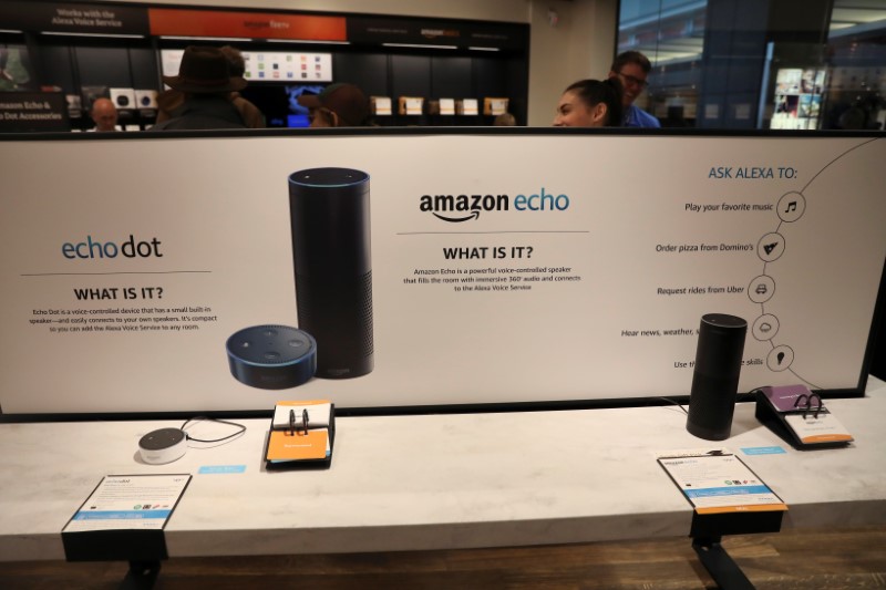 FILE PHOTO - Displays for the echo dot and echo are seen inside the Amazon Books store in the Time Warner Center at Columbus Circle in New York City, New York