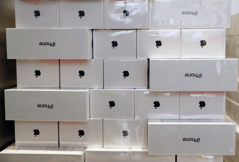 FILE PHOTO: Boxes of iPhone X are pictured during its launch at the Apple store in Singapore
