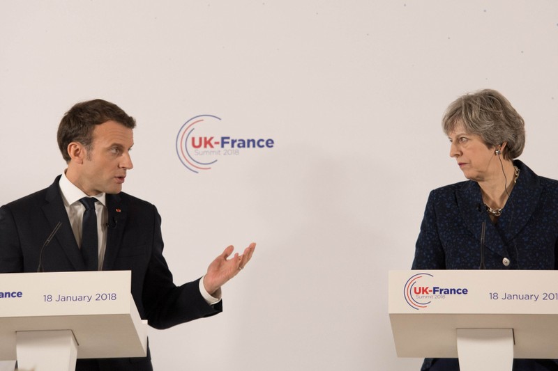 Britain's Prime Minister Theresa May and France's President Emmanuel Macron hold a news conference at the Royal Military Academy in Sandhurst