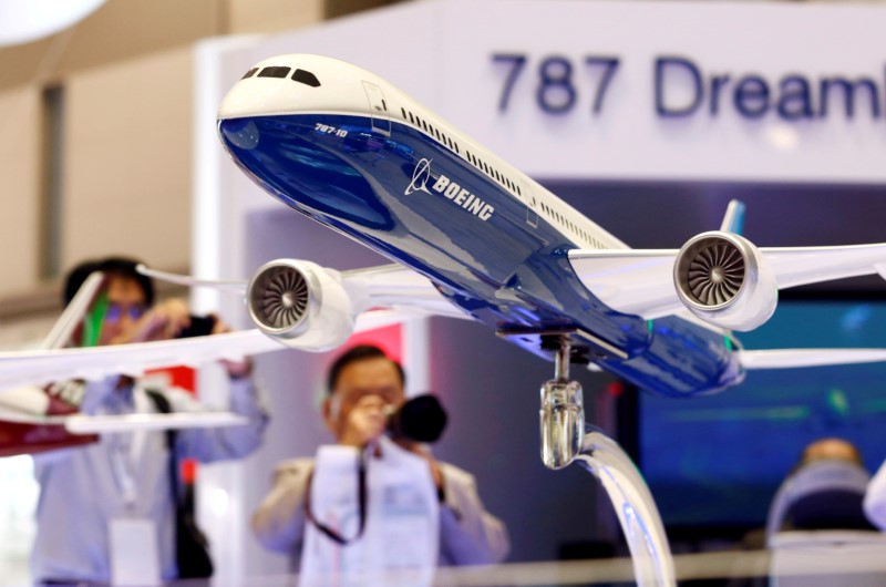 FILE PHOTO: Visitors take pictures of a model of Boeing's 787 Dreamliner during Japan Aerospace 2016 air show in Tokyo